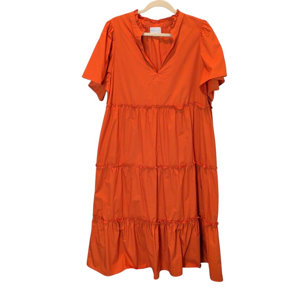 Sugarlips Womens Sz XL Noelle Split Neck Poplin Tiered Midi Dress Pockets Orange - Picture 2 of 7